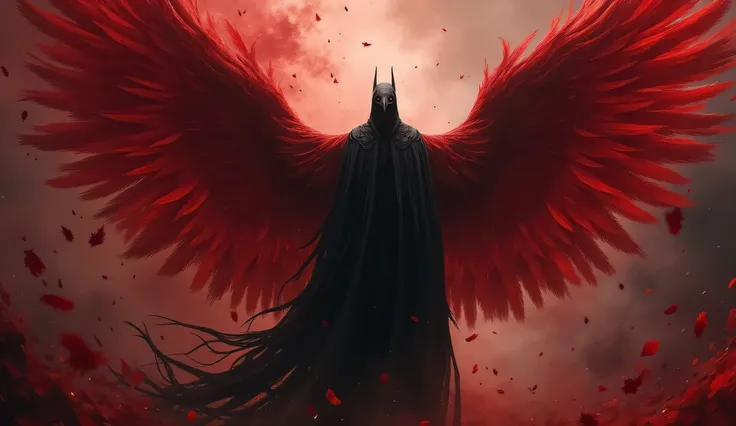 A storm of red feathers swirling around a black figure, their cape forming the shape of a massive bird ready to take flight.