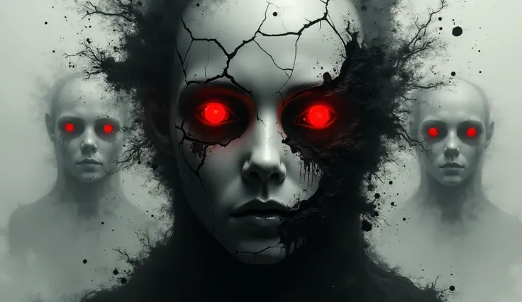 A shattered mask revealing glowing red eyes, while abstract ink splashes form ghostly faces behind it.