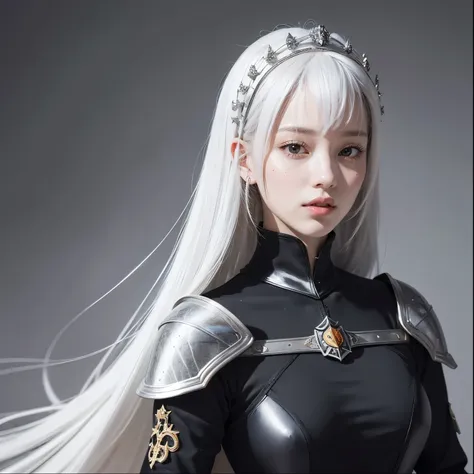 medieval sword, sweet face: 1.2,  full lips : 1.7,  slender legs: 1.7,  medieval armor: 2.2,  neckline : 1.2,  Long hair, white hair, smooth and black: 2.0,  extremely short bangs: 2.2, 4K Ultra H ,  silver armor, gótica, sola, medieval sword, little breas...