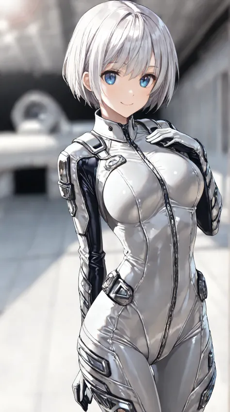  1girl  , silver short hair , straight hair , blue eyes ,midium breasts ,smile , standing , pilotsuit , ((anatomically accurate)),master piece ,( top quality,4K,8k, Hi-Res, Masterpiece:1.2), super detailed,Highly Detailed Face and Body ,looking at viewer,f...