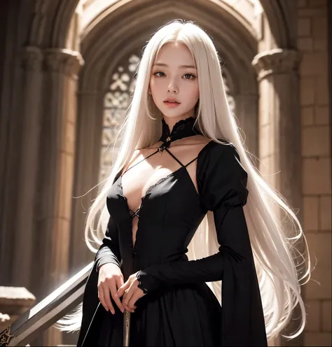 medieval sword, sweet face: 1.2,  full lips : 1.7,  slender legs: 1.7, Victorino dress : 2.2, neckline : 1.2,  Long hair, white hair, smooth and black: 2.0,  extremely short bangs: 2.2, 4K Ultra H, gótica, sola, medieval sword, little breasts, Victorian, c...