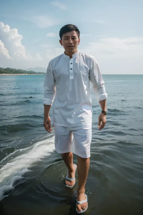 An Indonesian man dressed in all-white hovers over the sea 