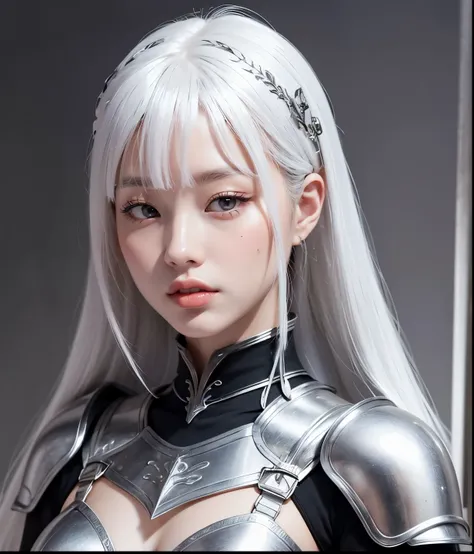  sweet face: 1.2,  full lips : 1.7,  slender legs: 1.7,  medieval armor: 2.2,  neckline : 1.2,  Long hair, white hair, smooth and black: 2.0,  extremely short bangs: 2.2, 4K Ultra H ,  silver armor, gótica, sola, medieval sword