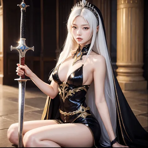 medieval sword, sweet face: 1.2,  full lips : 1.7,  slender legs: 1.7, Victorino dress : 2.2, neckline : 1.2,  Long hair, white hair, smooth and black: 2.0,  extremely short bangs: 2.2, 4K Ultra H, gótica, sola, medieval sword, little breasts, Victorian, c...