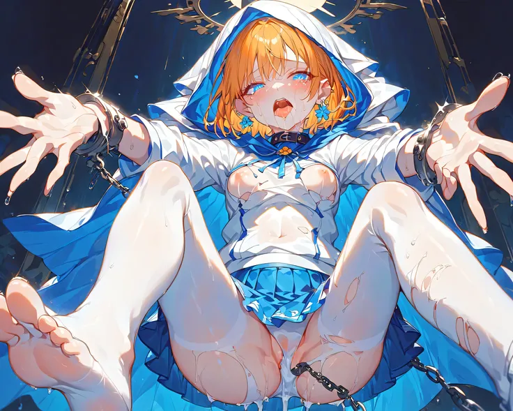 （（ 1 girl ））、（Single）、 High Resolution,   Ultra HD,  is very detailed, short hair, Light orange hair、(( small boobs））, 環狀 Earrings,  Earrings,   blue eyes,  The condominium where the collar 、（（Pure white hooded sweatshirt ））、（Wear a hood）、 Blue Skirt、 torn...