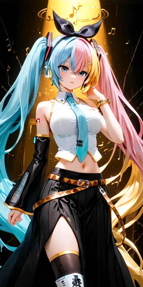  score_9,  score_8_up ,  score_7_up , score_6_up ,  score_5_up ,  score_4_up  ,  1 girl, alone, ((  split color hair  )), (( blonde hair)), (( light blue hair)), (( pink hair)),  big breasts,   Luka Megurine,   blue eyes,   headphones  ,  long hair,  LONG ...