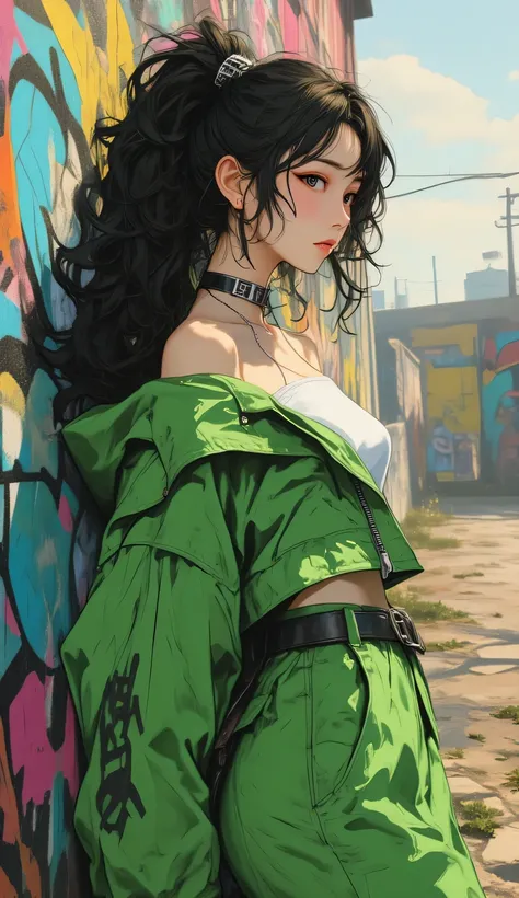 beautiful kpop idol girl wearing a green hip-hop outfit covered elegantly, her curly long black hair beauty in ponytail, against the backdrop of a graffiti wall during the day, arms behind back, 