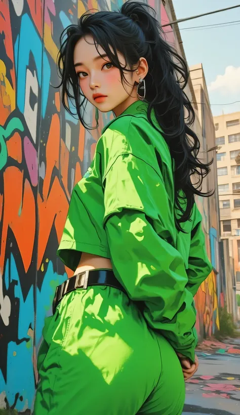 beautiful kpop idol girl wearing a green hip-hop outfit covered elegantly, her curly long black hair beauty in ponytail, against the backdrop of a graffiti wall during the day, arms behind back, 