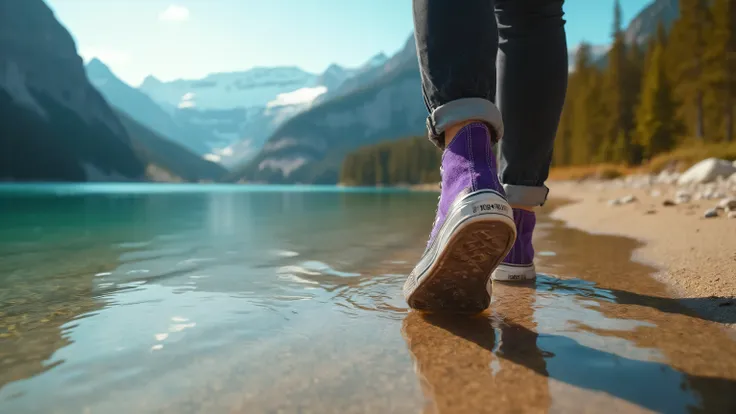  shot from Close-up ,  focus on the feet wearing purple all star shoes and black jeans worn by a woman walking , visible from the clear water of the lake , on the fine beach sand ,  against the background of a clear mountain lake and lush autumn pine fores...