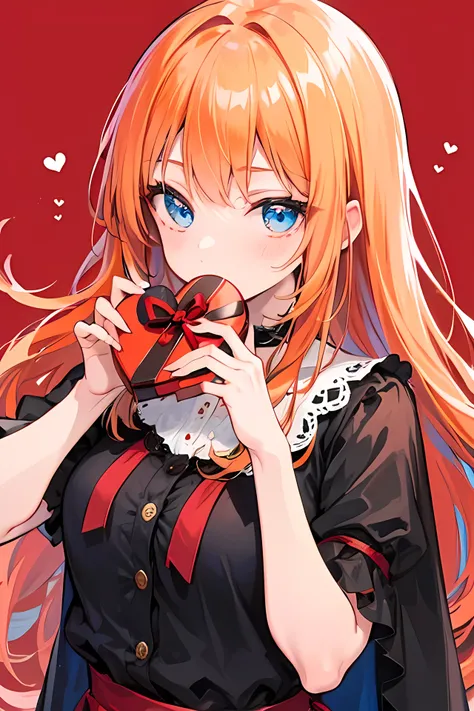  orange hair, blue eyes, long hair, young girl, valentine background,  red black dress, giving chocolate, valentine time