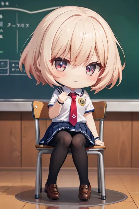 chica,  sitting on a chair ,  crossing the legs,  school background,  school background(classroom), complete anatomy,  school uniform, tie, shirt, skirt, pantyhose, blush, primera persona, Charm,  underwear, great body,  very detailed face , 8K,  light and...