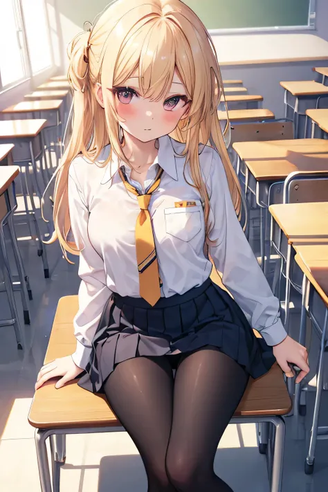 chica,  sitting on a chair ,  crossing the legs,  school background,  school background(classroom), complete anatomy,  school uniform, tie, shirt, skirt, pantyhose, blush, primera persona, Charm,  underwear, great body, 