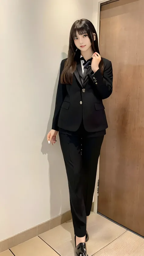 Japanese woman, black suit, black jacket, black pants,
, 20 years old, full body visible, thighs look good, pose, long hair, bangs