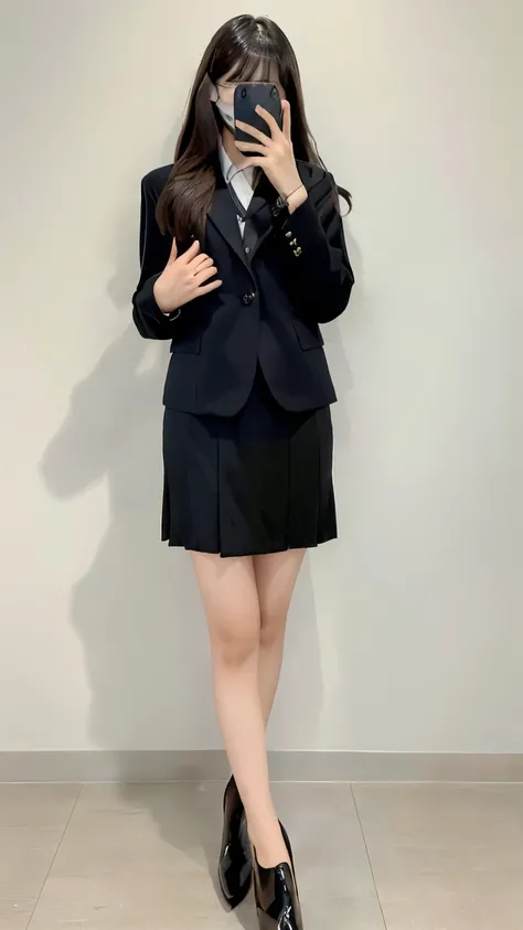 Japanese woman, black suit, black jacket, black tight skirt
, 20 years old, full body visible, thighs look good, pose, hides face with hands, long hair, bangs