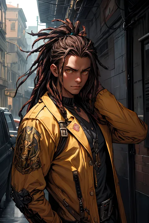 Masterpiece, 1male, skinny, short, Punk posture, Upper body,  dark skin, long hair, pink dreads, Yellow eyes, tired eyes, wearing a yellow steampunk outfit, straight posing, dark scenario,