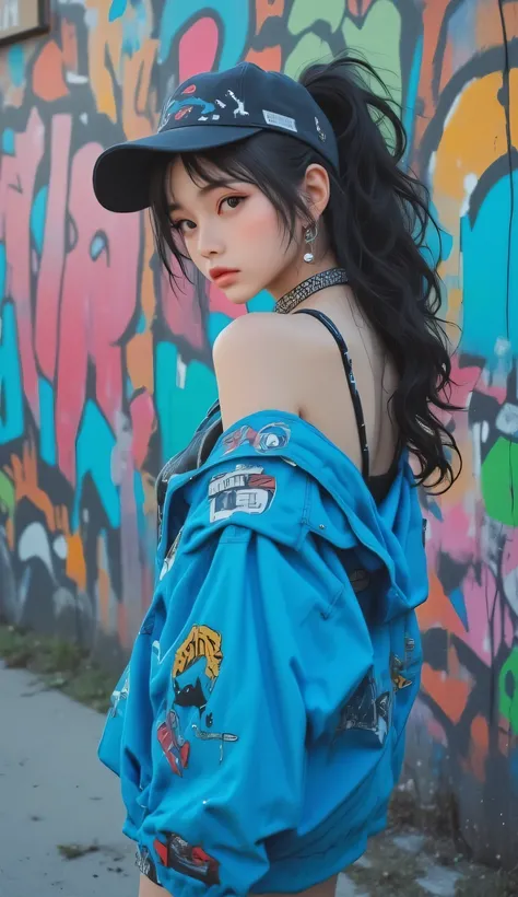 beautiful kpop idol girl wearing a blue hip-hop outfit covered elegantly, her curly long black hair beauty in ponytail, against the backdrop of a graffiti wall during the day, arms behind back, 