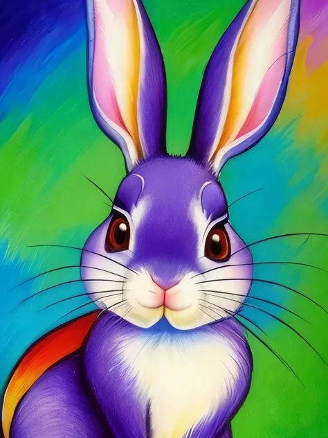 a painting of a rabbit with a long tail and a blue nose, a pastel inspired by Theodor Philipsen, featured on pixabay, fauvism, animal painting, full of colors and rich detail, painted in bright water colors, painted with pastels, detailed painting“, highly...