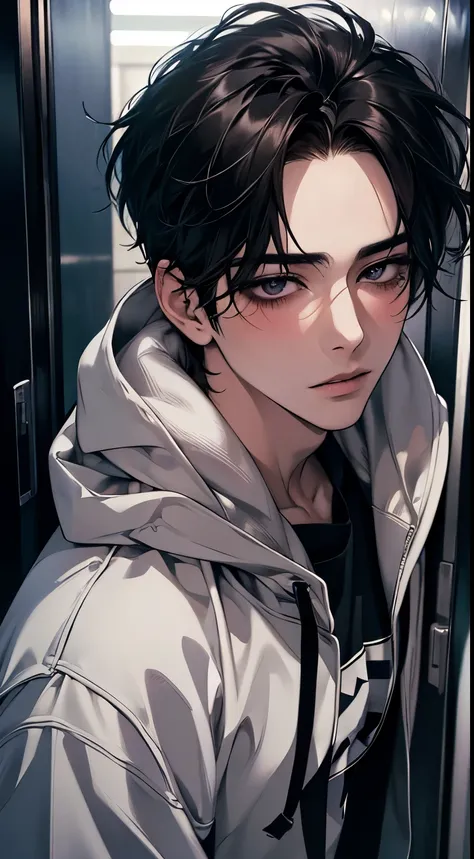 Male, Take a mirror selfie in an elevator, Wearing a hoodie,  blushing,  Cover Your Face with a Hood , top quality,4K,8k, high resolution, masterpiece:1.2), very detailed,( realistic,photo realistic,photo- realistic:1.37),1 person,Men, Beautiful Skin Very ...