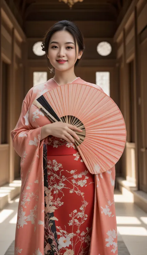 **Prompt:**     Create a symmetrically balanced wide-angle image that captures the essence of the ancient folk beautiful traditional oiran in ancient japan era. The focal point of the scene is a hyper-realistic busty and lively ancient courtesan geisha Jap...