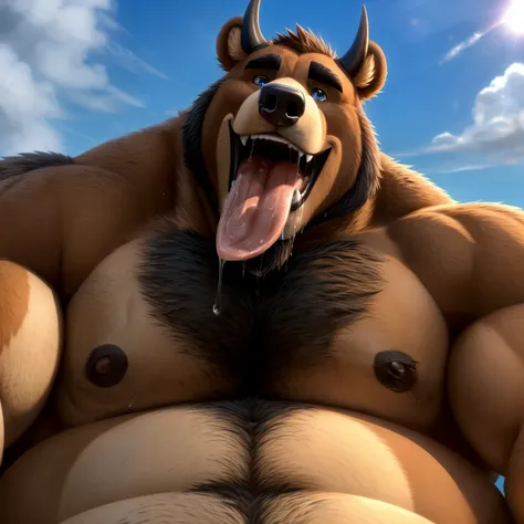 furry,  bear toro , has horns，chubby,  thick arms ， strong muscles ，chubby face， black eyebrows，sky blue eyes，beard， ironic smile ,  chest and tummy ,  dad，lie down， sunlight , Open your big mouth and stick out your thick and wide tongue,  tongue with a lo...