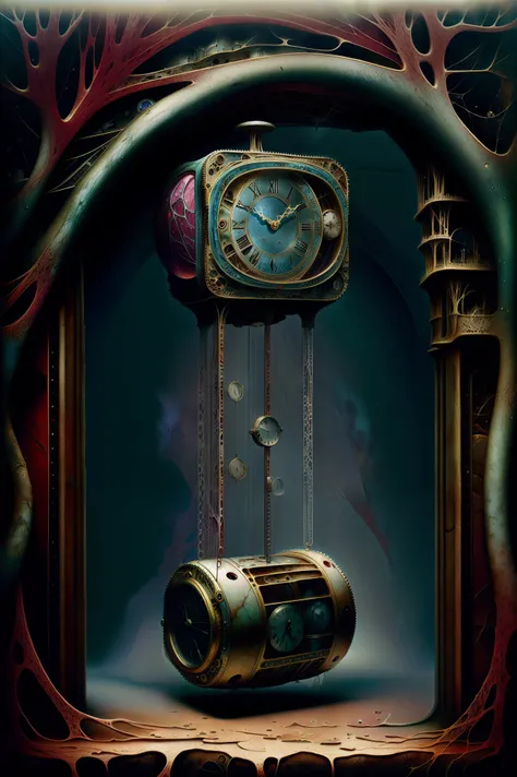  Time flows from broken watches , drop by drop,  surreal fantasy Daniel Merriam, time. p. Giger and pemedios Var artist style