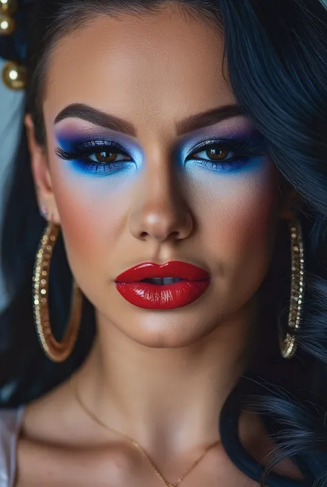 close-up a fantastic myth beautiful drag-queen, whose face is made up luxury fantastic style, details chubby face beautiful and graceful and dazzling with flawless bold makeup (holographic glossy red thick full lips, dark blue eyeballs, holographic blue sh...