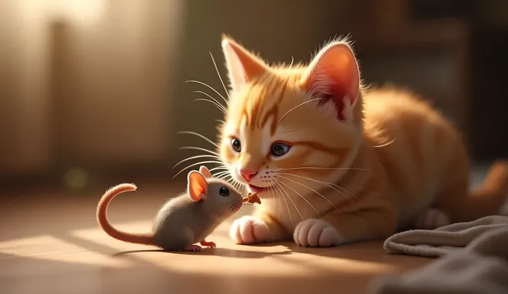 A mother cat gently feeding a small mouse in a heartwarming scene. The cat has soft fur, calm eyes, and a caring expression, while the mouse looks small and timid but comfortable. The setting is cozy, possibly indoors with warm lighting, evoking a sense of...