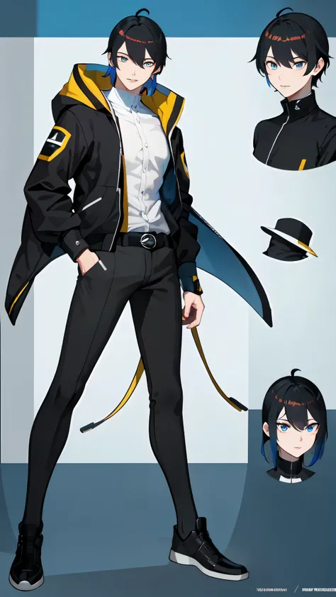 Please create a perfectly framed, full-figure, full-body illustration of a professional-grade male VTuber character, specifically designed for streaming use. The character is a stylish and handsome young man with a charismatic yet approachable appearance. ...