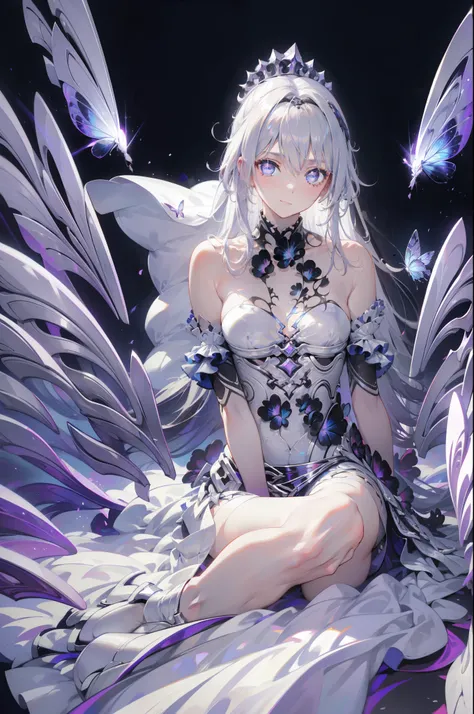 Silver Hair, Butterfly,White hair, white wedding dress, 8k wallpaper, detailed background, maximum resolution ,Deep V, hair covering one eye , strapless wedding dress ,Chis,White Rose,Tight, full body photo