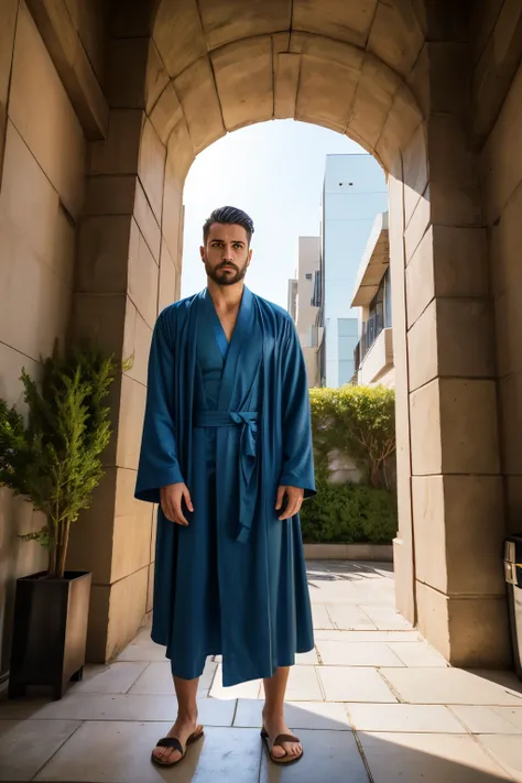  A strong American man around the age of 33，, he faces the camera head-on ，With a slight beard ，Three-dimensional facial features， Deep eyes reveal a determined look 。 he wears a dark blue robe ， traditional style high quality clothing，The fabric is delica...