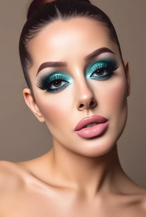 Ultra-realistic beauty portrait...with perfectly defined brows and dramatically enhanced eyelashes that create a luxurious, fanned-out effect. The lashes are expertly applied, appearing incredibly natural yet glamorous, with individual lash strands varying...