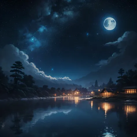 Condensed beauty with paintings of the river and the stars and moon floating in the sky,  concept art inspired by Mitsuki Tosa ,  Pixiv Competition Winner Work ,  top quality,  Fantasy Art ,  Beautiful animated scene , Bright moon circle,  starry sky  envi...