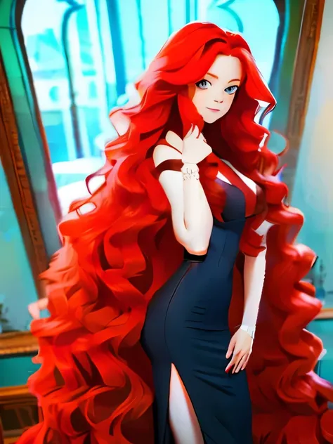 there is a woman with long red hair posing for a picture, girl with super long hair, she has long redorange hair, red waist-long hair, extremely long hair, very long flowing red hair, red haired goddess, long ginger hair, with curly red hair, with long red...