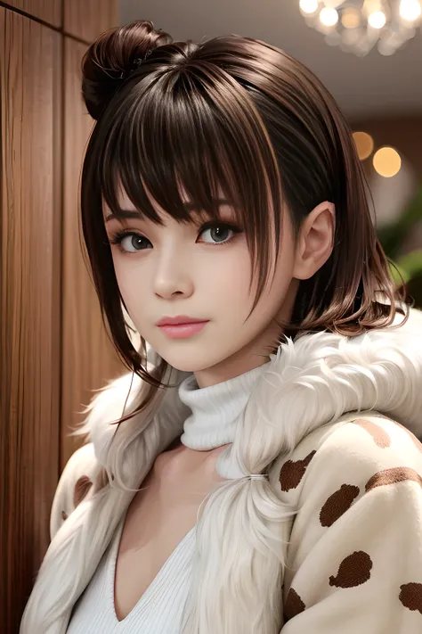 A young woman with light brown hair tied up loosely, wearing a plush fur coat with an irregular cow print pattern in creamy white and deep brown. She has a delicate facial structure, soft eyes, and a gentle expression. The background features a modern inte...