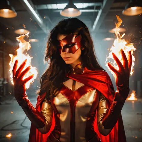 "A young female superhero with long black hair, wearing a red mask that only covers her eyes. She is dressed in a white and red costume. Her hands are engulfed in blazing flames, illuminating the dimly lit room. Her stance is strong and determined, ready f...