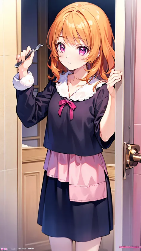  Masterpiece,  top quality,  super detailed,  in detail,  high res,   8k Wallpaper,  the background is white ，1 person，Girl getting out of the bath ， changing into pajamas ，A dressing room separate from the bathroom， wet orange hair， pink eye，Soup