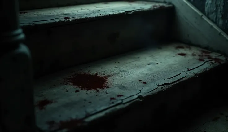 A close-up on a narrow staircase showing a small, dark stain resembling dried blood on a step. The surrounding wood is worn and eerie shadows emphasize the sinister detail.