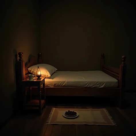 A serene yet symbolic representation of illness in an Islamic setting. A dimly lit room with a traditional wooden bed, a small oil lamp casting a soft glow. A cup of water and a bowl of dates rest on a nearby table, representing care and sustenance. A neat...