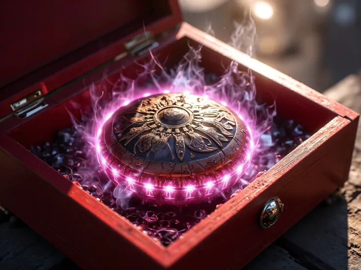 Pattern Engraved Round Pill, pink,  Purple Aura, ออร่าpink, Red Wooden Box, The sun hits the ground.,  Realistic,  Masterpiece,movies, 8k resolution,  Clear Detail.