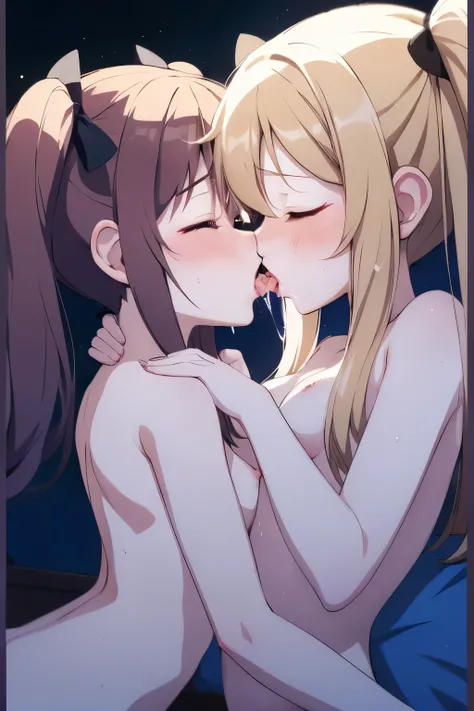 2girls, yuri, kiss, closed eyes、girl trembling with sexual climax、sweat、small breasts、sex、 gisol  、  Blonde Twin Tails 、 completely naked、night、 above the bet、Sex between themselves、trembling effect motion lines with sexual climax