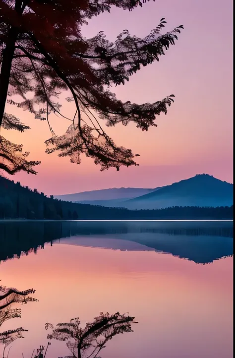 arafed view of a lake with trees and a pink sky, pink reflections, peaceful and serene, beautiful lake, beautiful iphone wallpaper, beautiful serene landscape, pink tree beside a large lake, pink mist, calm and serene, beautiful lake background, serene lan...