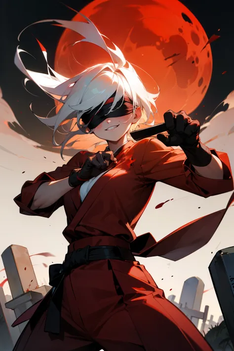 Girl wearing a dark blindfold, white hair, Training red Gi, hands down, cemetery background, bloodmoon, fighting stance, bloody, smiling, lean and fit