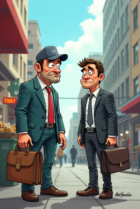 I want you to draw a cartoon of two guys selling upfront data,  selling in advance, If the seller is unhappy, he is sad, Let him look miserable and poor