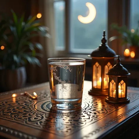 A clear glass of water placed on an ornate Islamic-themed wooden table, surrounded by intricate designs inspired by Islamic art. The glass has subtle reflections, showcasing the purity and simplicity of water. In the background, soft, warm lighting highlig...