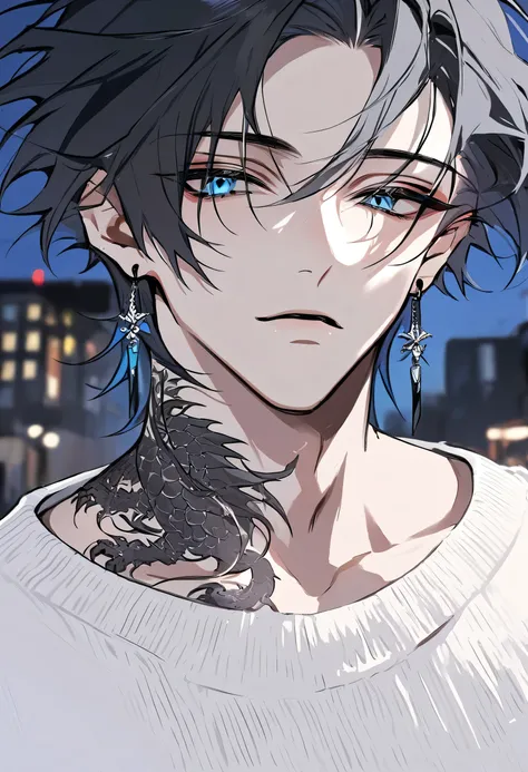 Male + black hair + blue eyes + white sweater + solo + streets background + black dragon tatoo on neck + black earrings + face shot