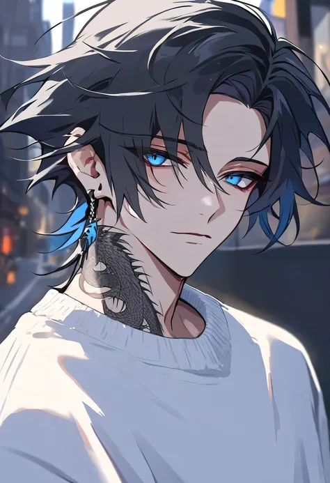 Male + black hair + blue eyes + white sweater + solo + streets background + black dragon tatoo on neck + black earrings + face shot
