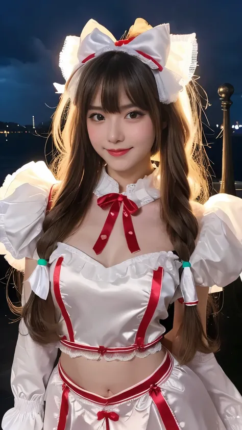 8k, ,  Masterpiece,  girl,18 years old,  very cute face, fine grain,  very long hair,  detailed labia,  light makeup with iphone14,  Very Elaborate Costume , Lolita Outfit , Costume with ribbon hair accessory, stormy weather, cloud,  low light , A ,smile,,...