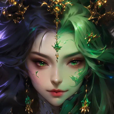 a close up of a woman with green hair and a crown on her head, artgerm detailed, extremely detailed artgerm, artgerm lau, artgerm and rossdraws, portrait knights of zodiac girl, wlop rossdraws, rossdraws 1. 0, wlop | artgerm, rossdraws 2. 0, artgerm. high ...