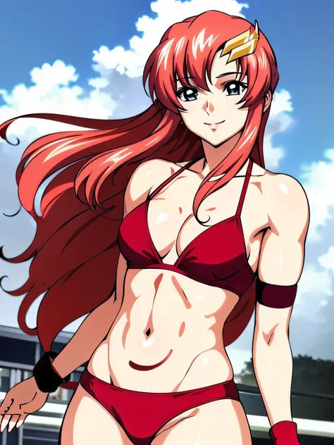 lacus4, (red bikini:1.5), (running, thong, (tall girl:1.5), (biceps:1.3), (upper body:1.2), (hair details:1.7), (face details:1.1), masterpiece, cowboy shot, very slim shoulders, 4K, (Best Quality:1.2), Anime style: 1.9, happy, Adult Woman, (ultra detailed...