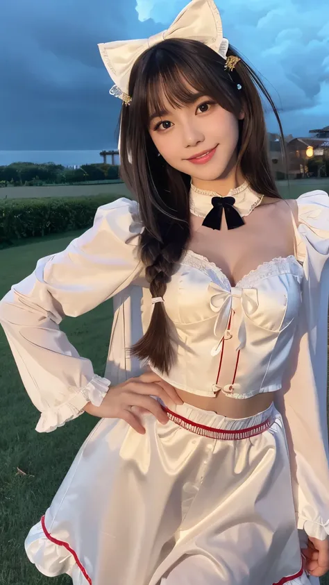 8k, ,  Masterpiece,  girl,18 years old,  very cute face, fine grain,  very long hair,  detailed labia,  light makeup with iphone14,  Very Elaborate Costume , Lolita Outfit , Costume with ribbon hair accessory, stormy weather, cloud,  low light , A ,smile,,...